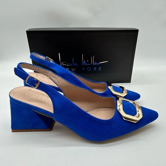 Nicole Miller New York Melrose Blue Faux Suede Slingback Block Heel Pumps 8 NIB - Picture 11 of 13
